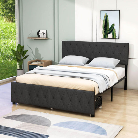 Metal Queen Size Upholstered Storage Bed with Headboard and Drawers