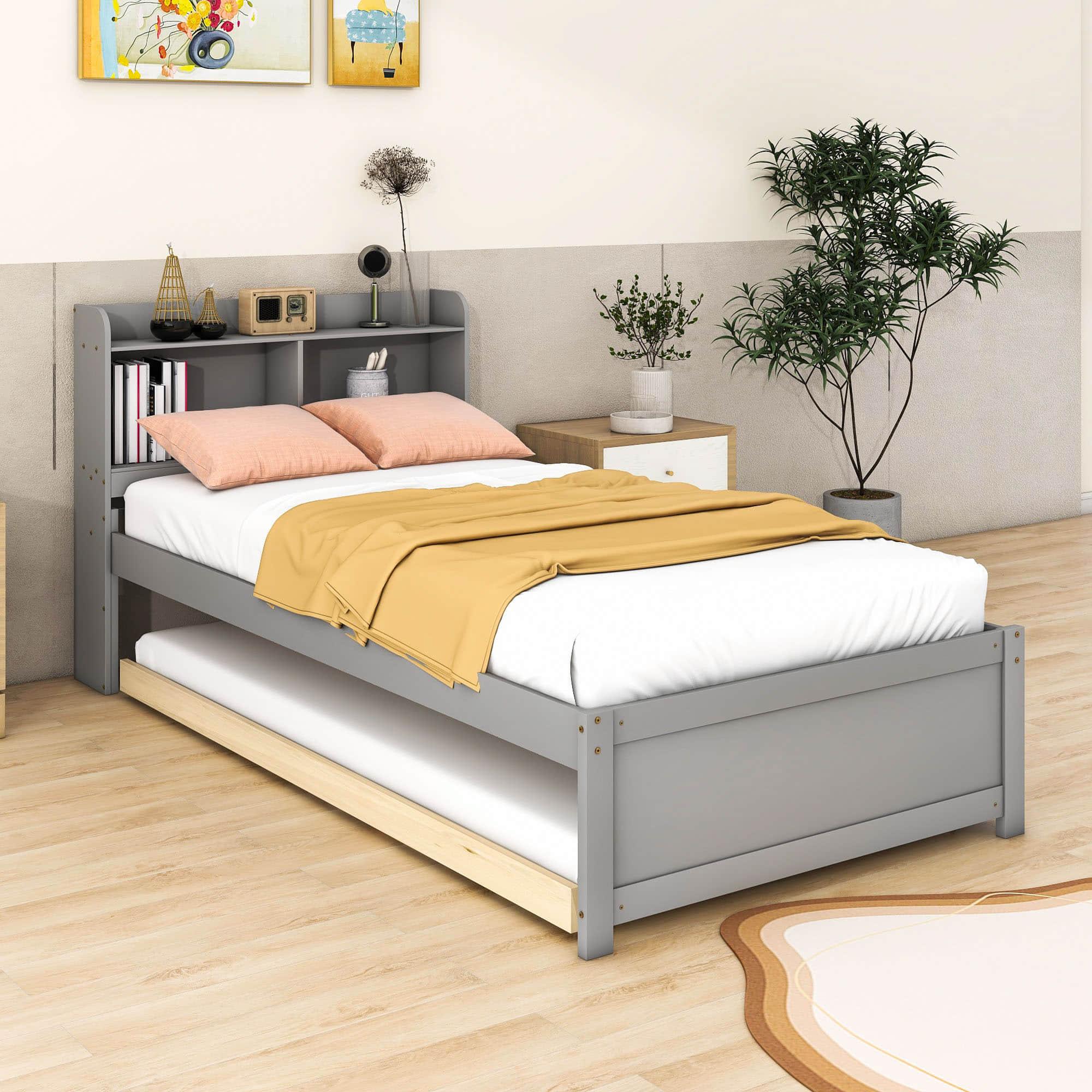 Wooden Twin Platform Bed with Twin Trundle Bed and Storage Headboard - [Shelves]