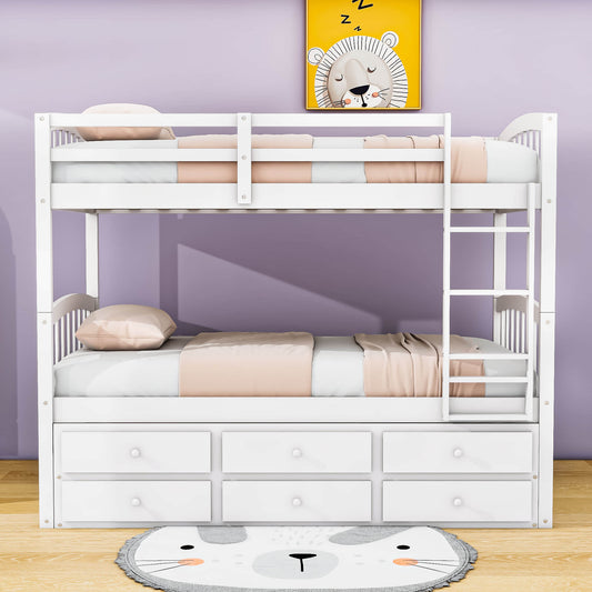 Convertible Twin Over Twin Bunk Beds for Kids Adults with Trundle and Storage - [Wood, Drawers]