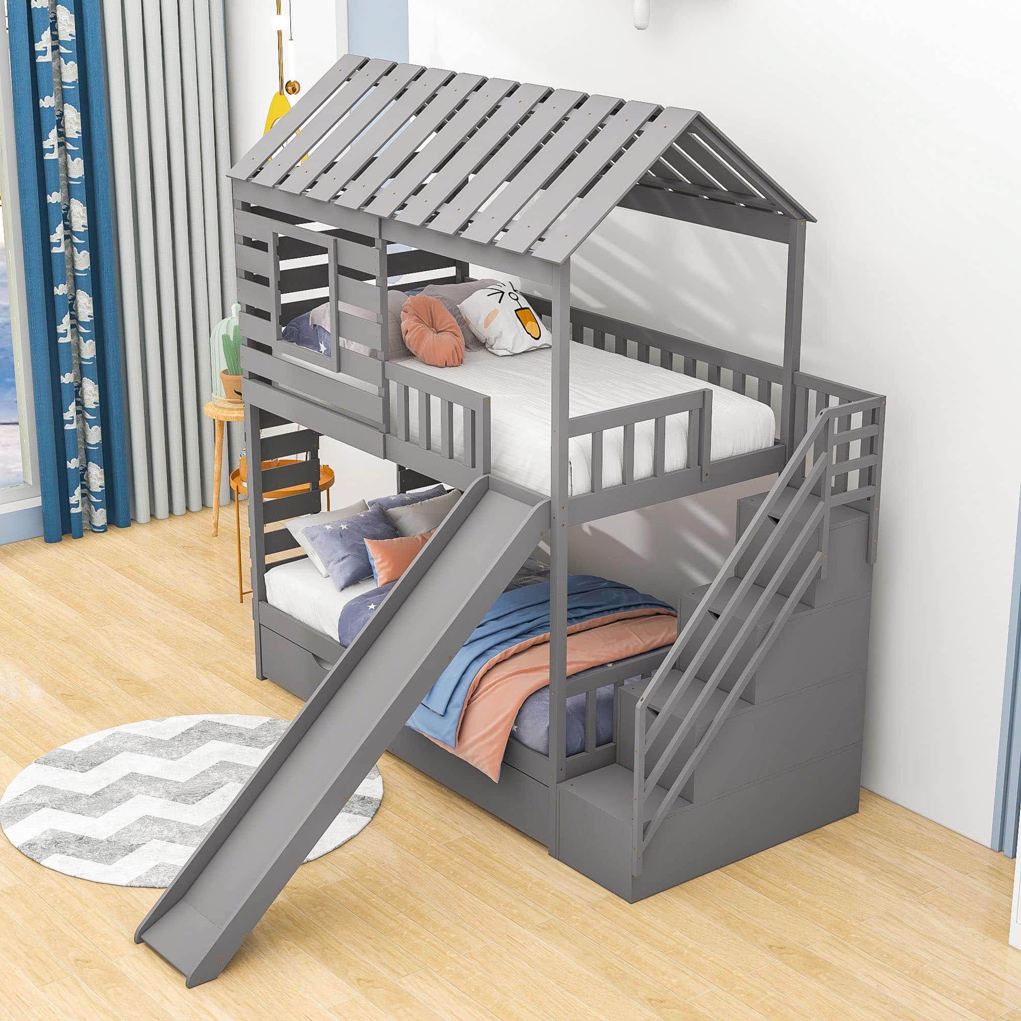 Twin Over Twin House Bunk Beds with Slide and Stairs, Trundle for Kids - [Wooden]