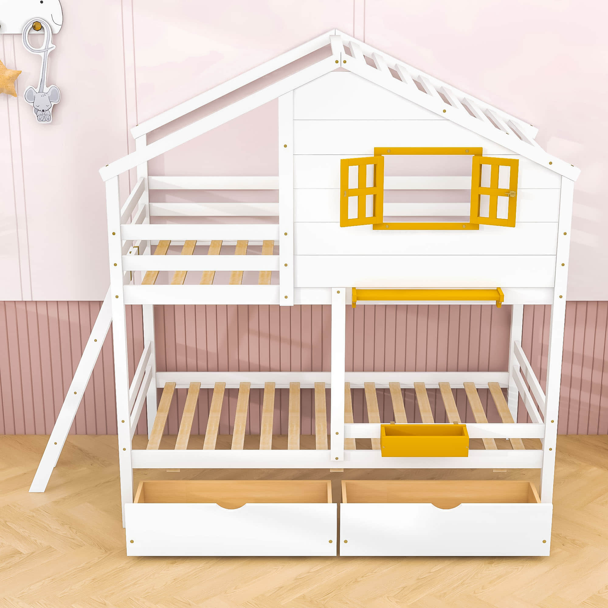 Wood Twin Over Twin Kids House Bunk Beds with Storage - [Drawers, Shelf]