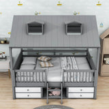 Low Full Size Loft House Bed with Storage for Kids, Toddler - [Wooden]