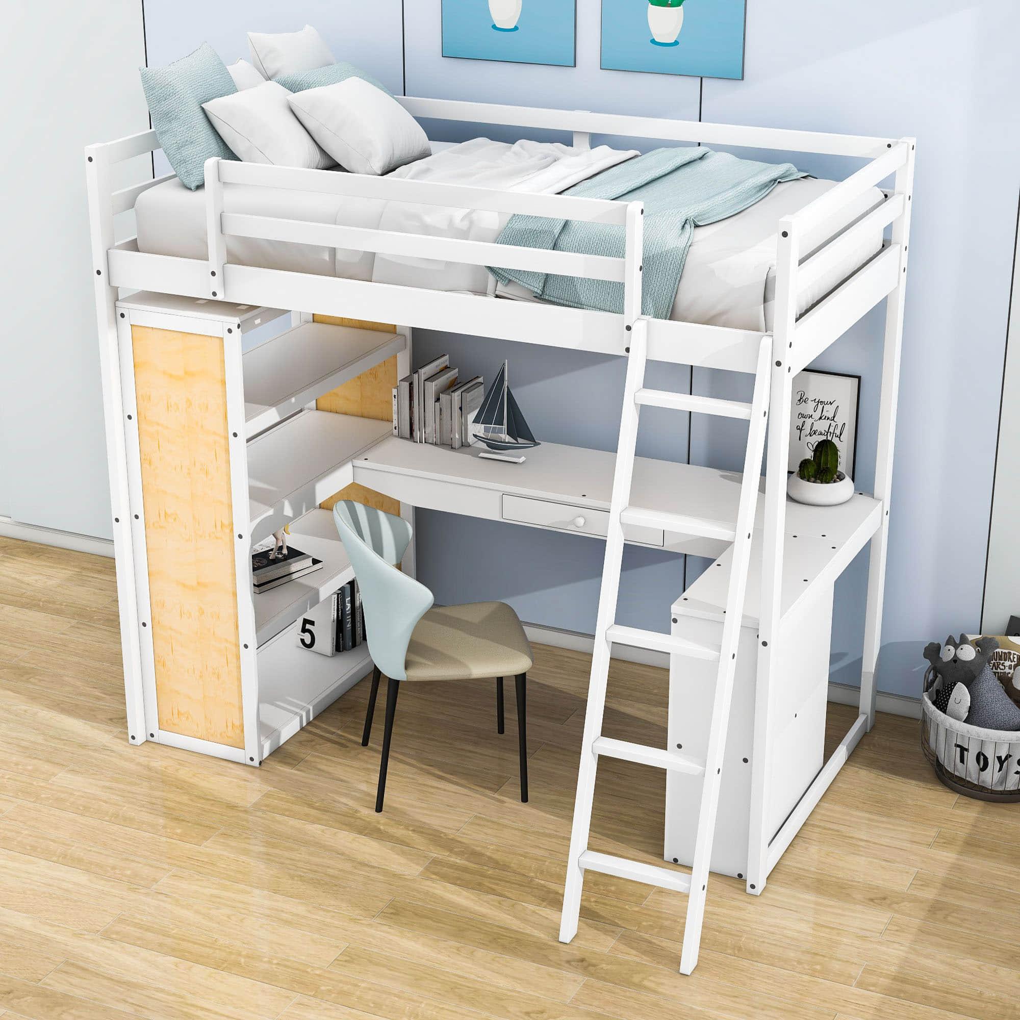 Twin Loft Bed with Desk and Storage Shelves for Adults, Teens