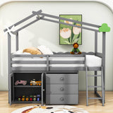 Twin Size Low House Loft Bed with Storage for Kids - [Cabinet, Drawers]