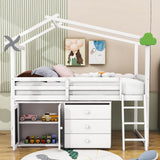 Twin Size Low House Loft Bed with Storage for Kids - [Cabinet, Drawers]