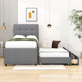 Twin Linen Upholstered Platform Bed Frame with Storage and Trundle