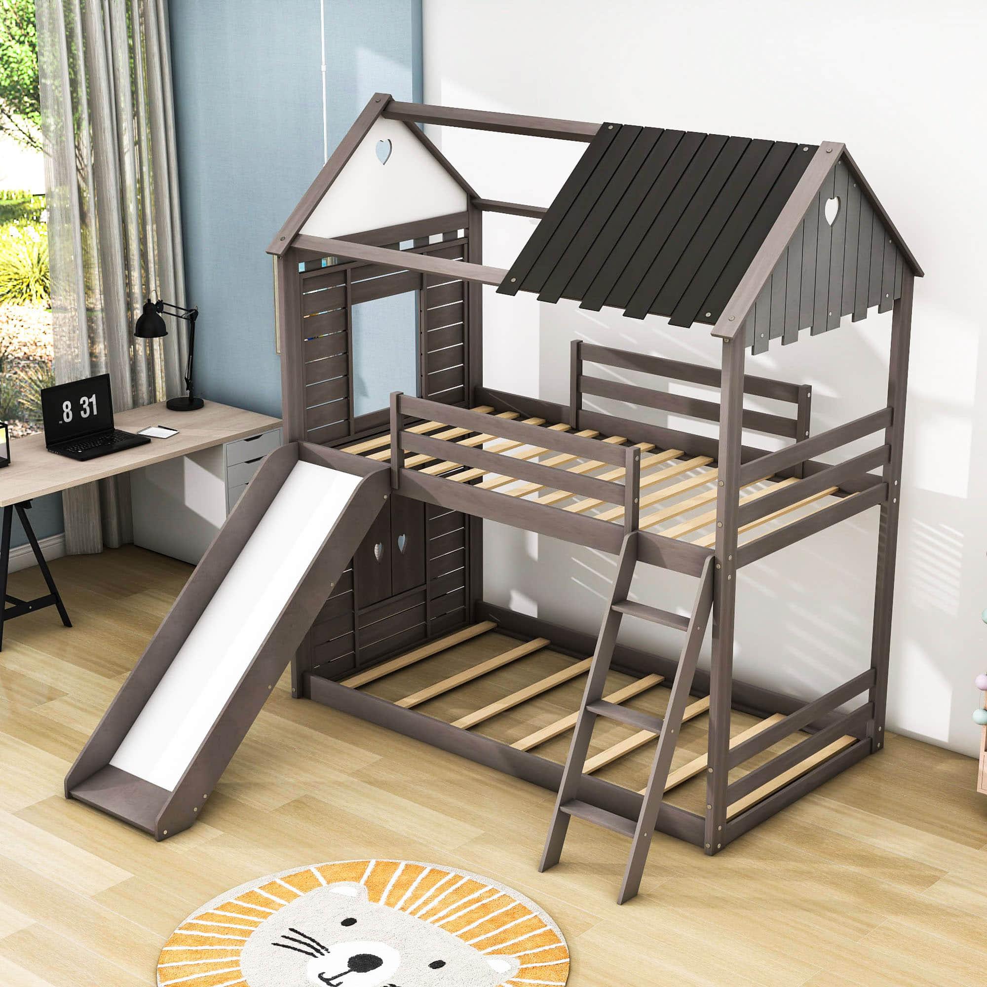 Low Twin Over Twin FarmHouse Bunk Beds with Slide for Kids, Toddler - [Wood, Floor]