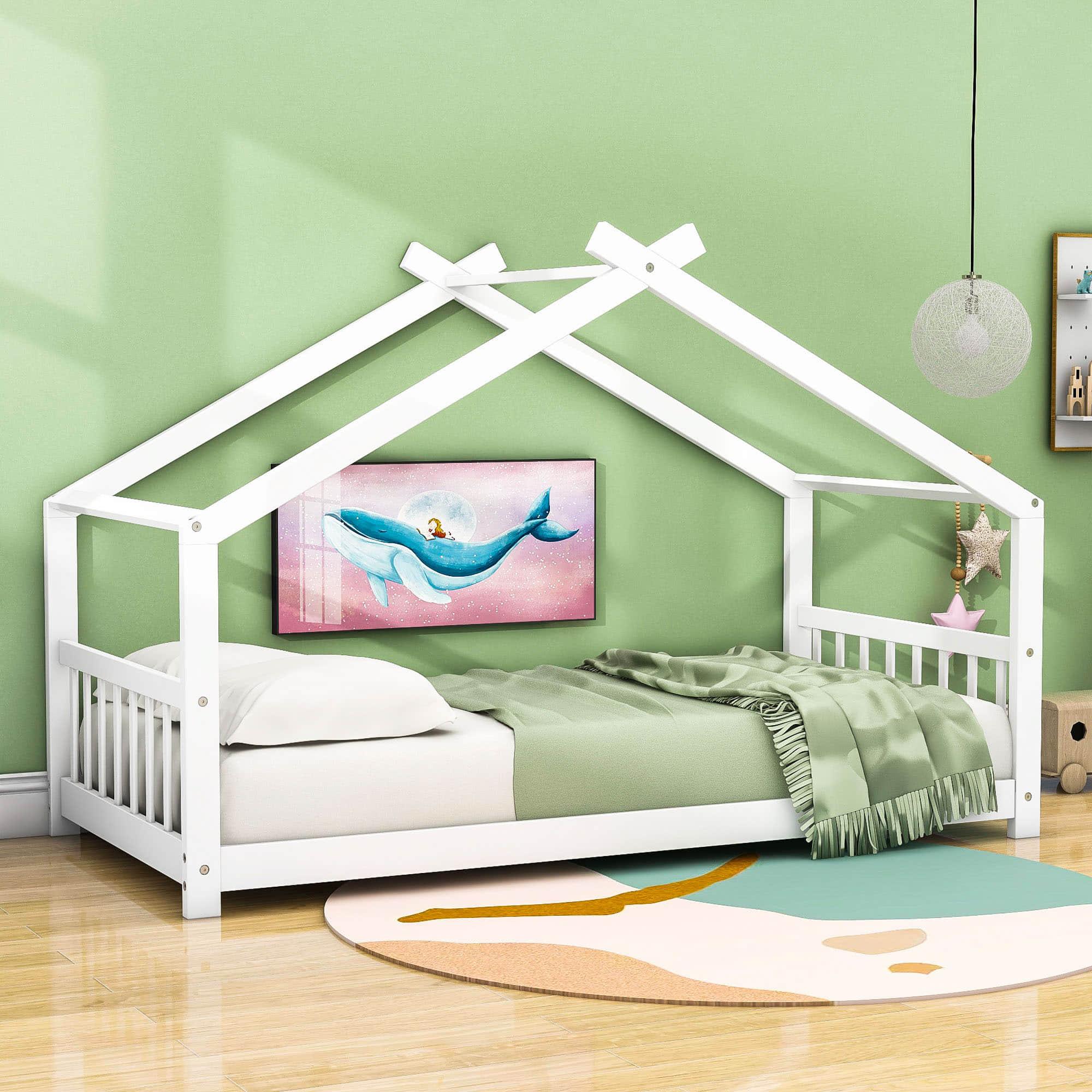 Wooden Twin Low House Bed Frame for Toddler, Kids