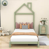 Wood Twin Size Low Platform Bed with House-shaped Headboard