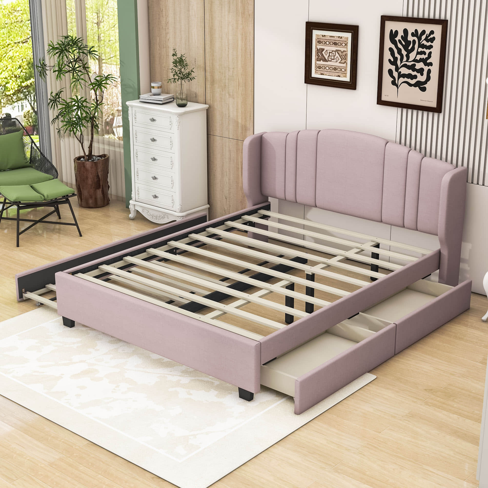 Modern Upholstered Queen Platform Bed Frame with Headboard and Storage