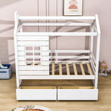 Kids Twin Size Wood House Bed with Rails Storage Drawers