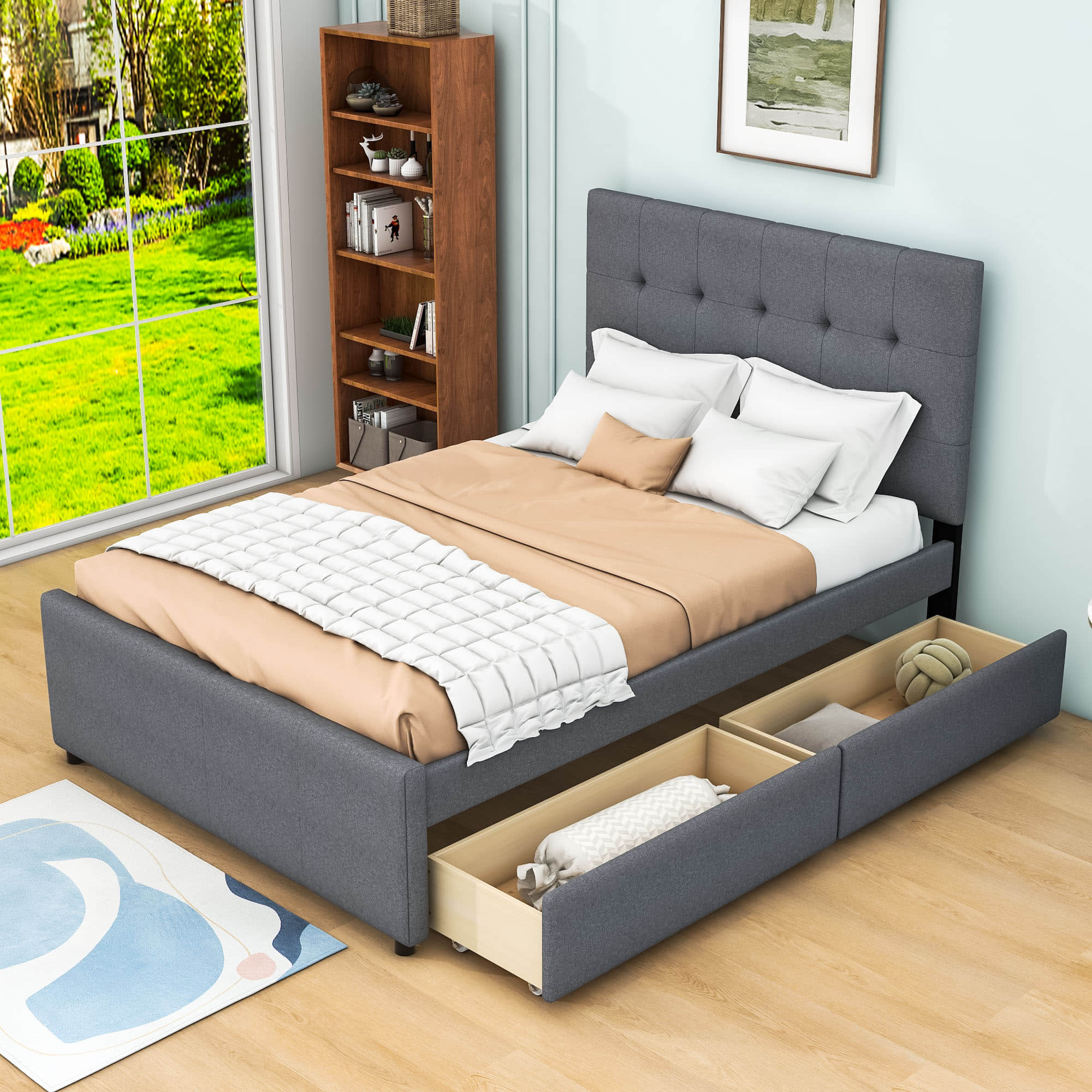 Full Size Linen Upholstered Platform Bed with Storage and Headboard - [Drawers]