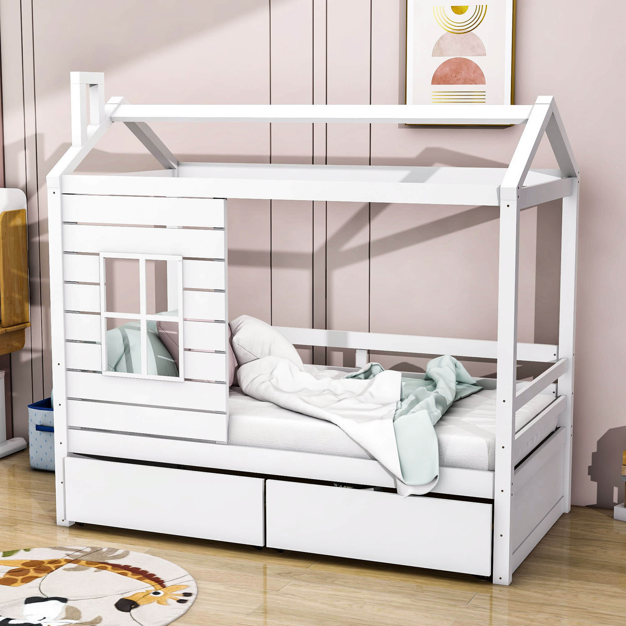 Kids Twin Size Wood House Bed with Rails Storage Drawers