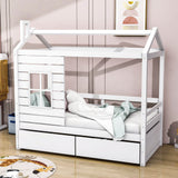 Kids Twin Size Wood House Bed with Rails Storage Drawers