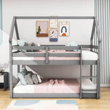 Small Low Twin Over Twin House Floor Bunk Beds for Kids, Toddler