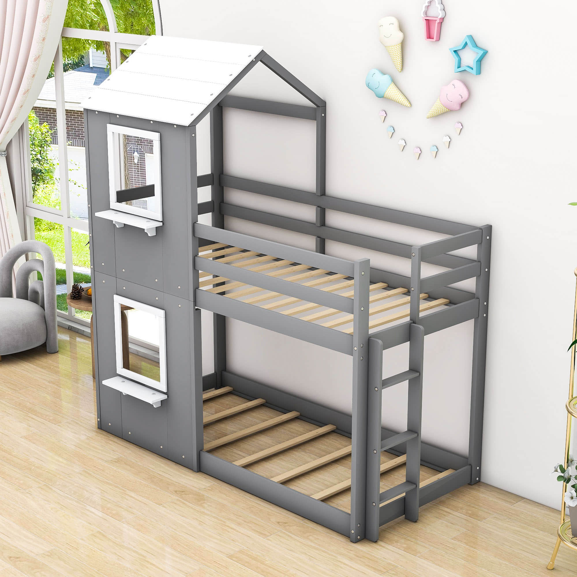 Wooden Twin Over Twin Low Bunk Beds for Kids with Fun Roof and Window