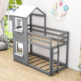 Wooden Twin Over Twin Low Bunk Beds for Kids with Fun Roof and Window