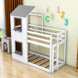 Wooden Twin Over Twin Low Bunk Beds for Kids with Fun Roof and Window