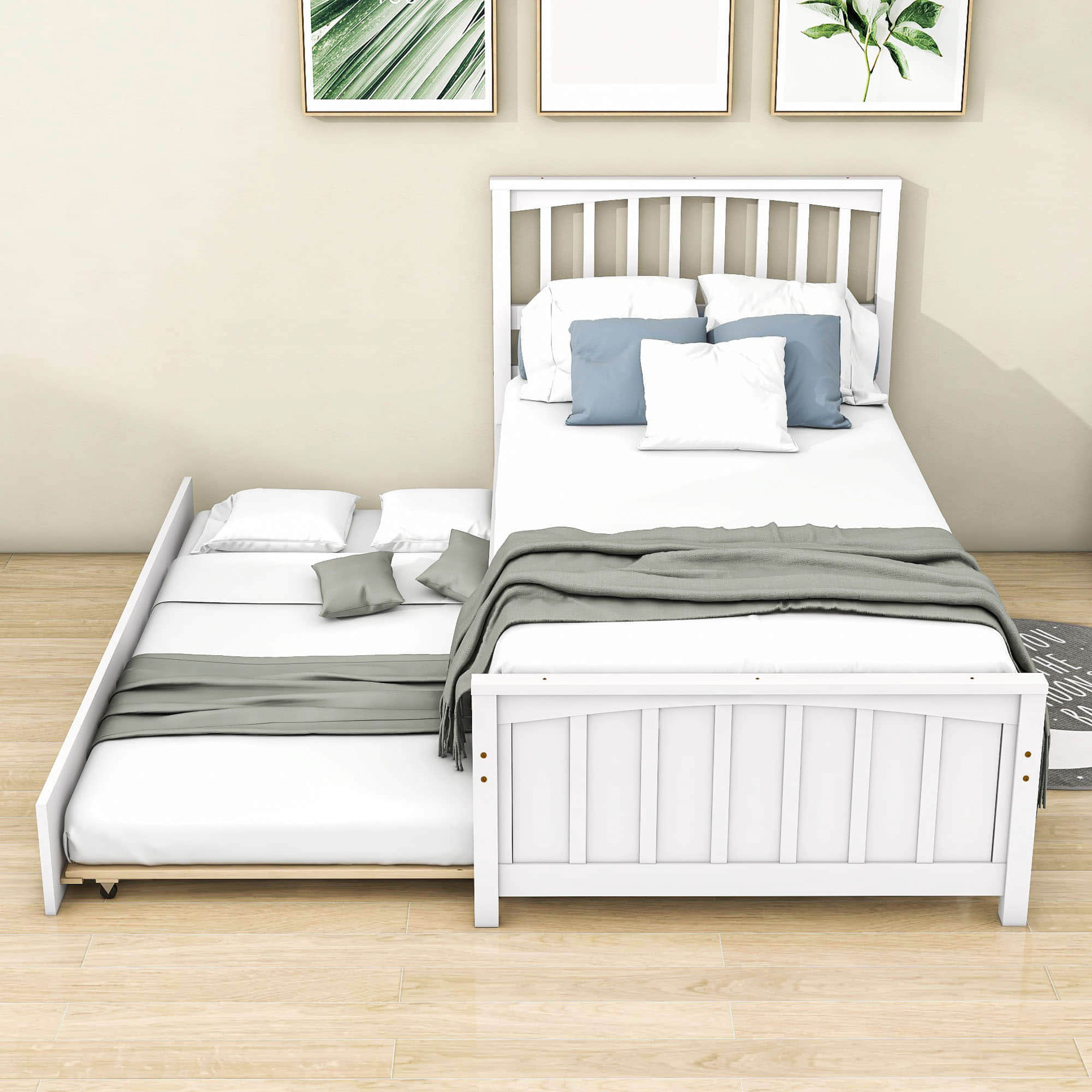 Twin Size Wood Platform Bed with Twin Trundle and Headboard