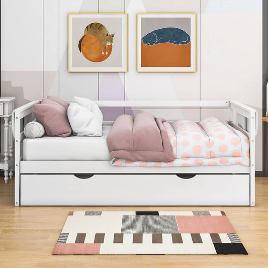 Modern Wood Twin Daybed with Trundle Bed and Foldable Shelves