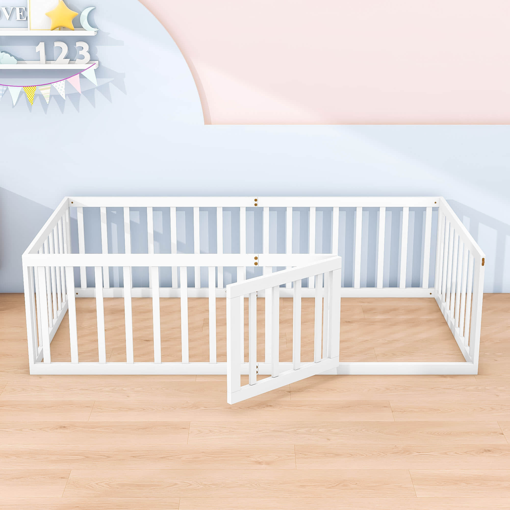 Wood Twin Size Montessori Toddler Floor Bed Frame with Rails and Door