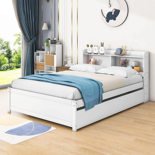 Wooden Full Size Platform Bed with Twin Trundle Bed and Storage Headboard - [Shelves]