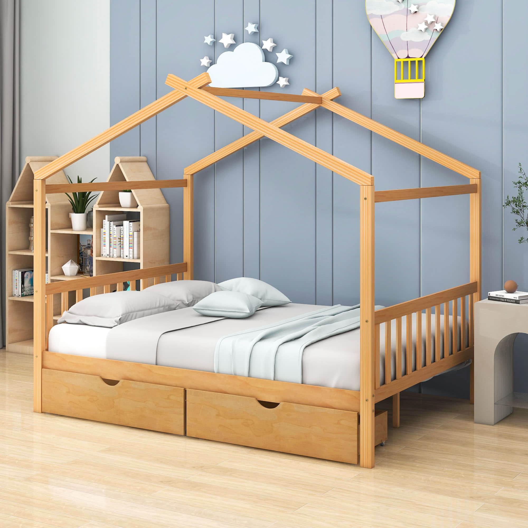 Modern Kids Full Size House Platform Bed with Storage and Headboard - [Drawers]