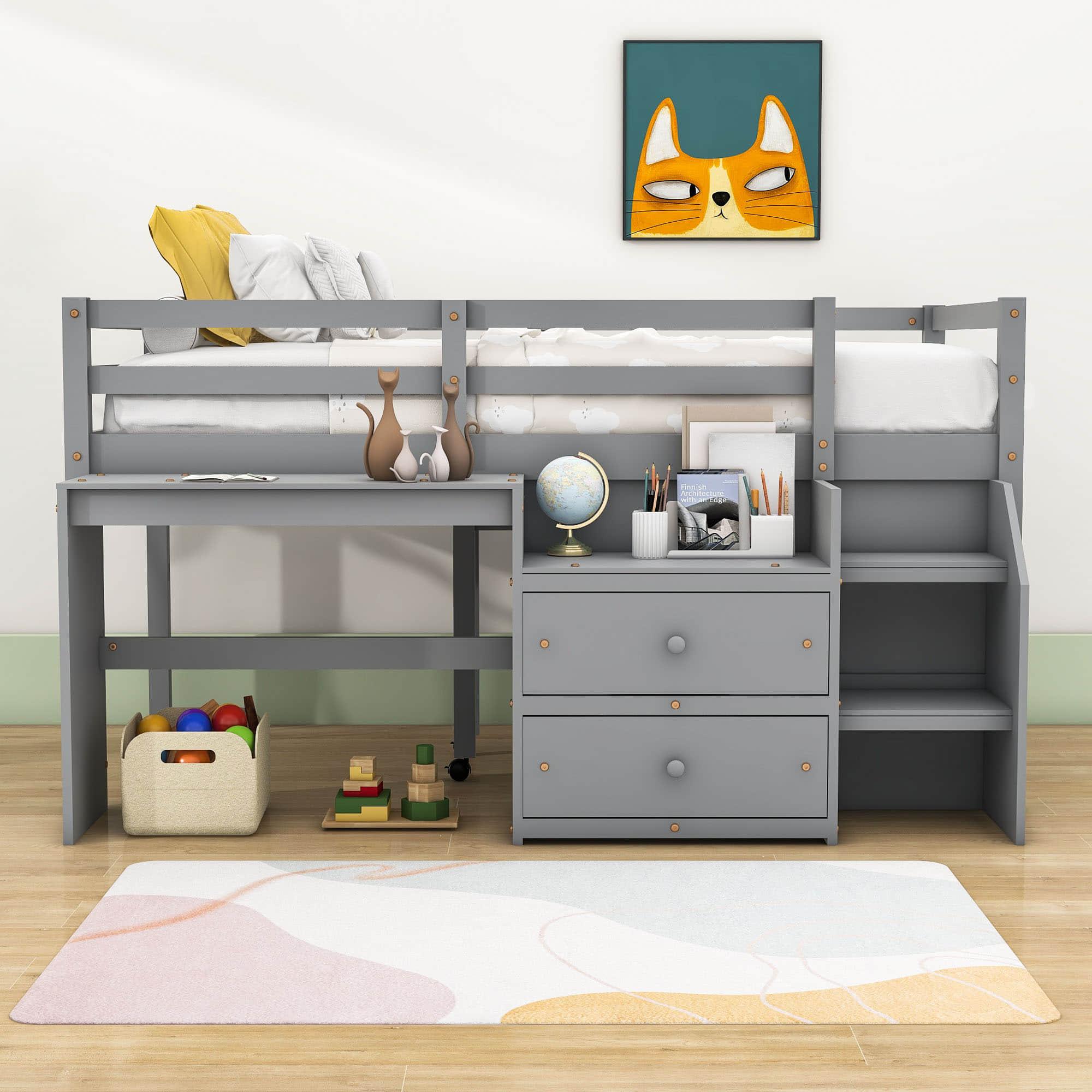 Twin Size Kids Low Loft Bed with Desk, Stairs and Storage Drawers