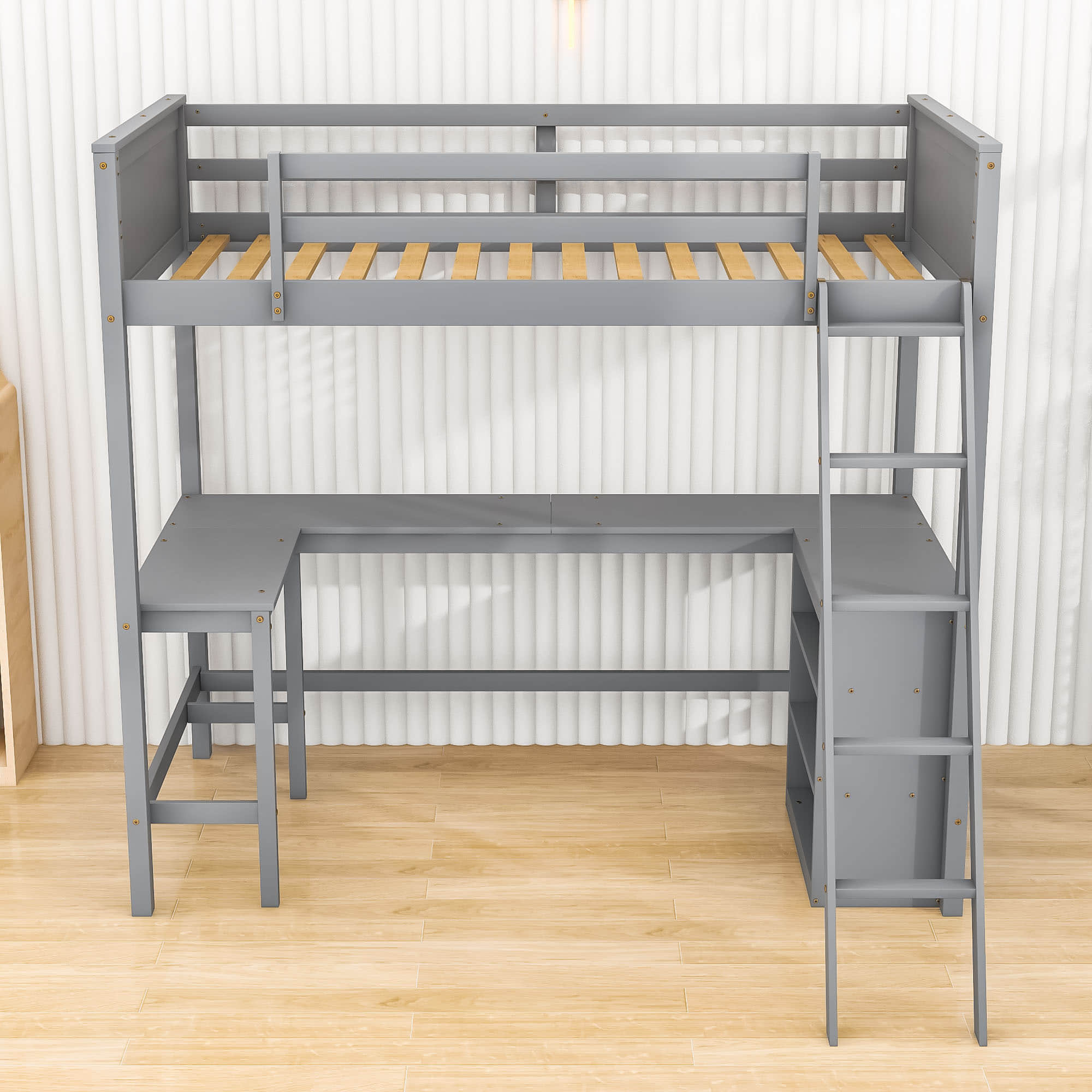 Wood Twin Size Loft Bed with Desk and Storage Shelves for Kids, Adult