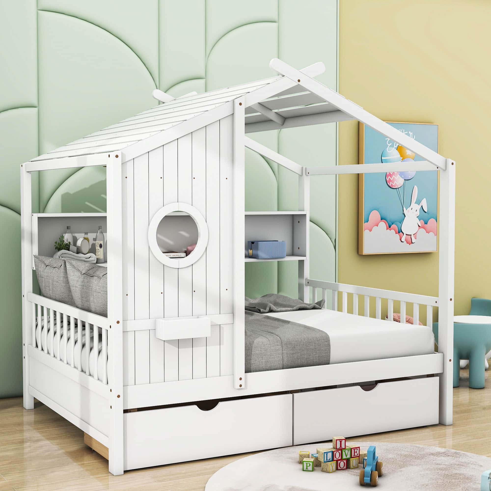 Kids Wooden Full Size House Bed with Storage Drawers, Shelves