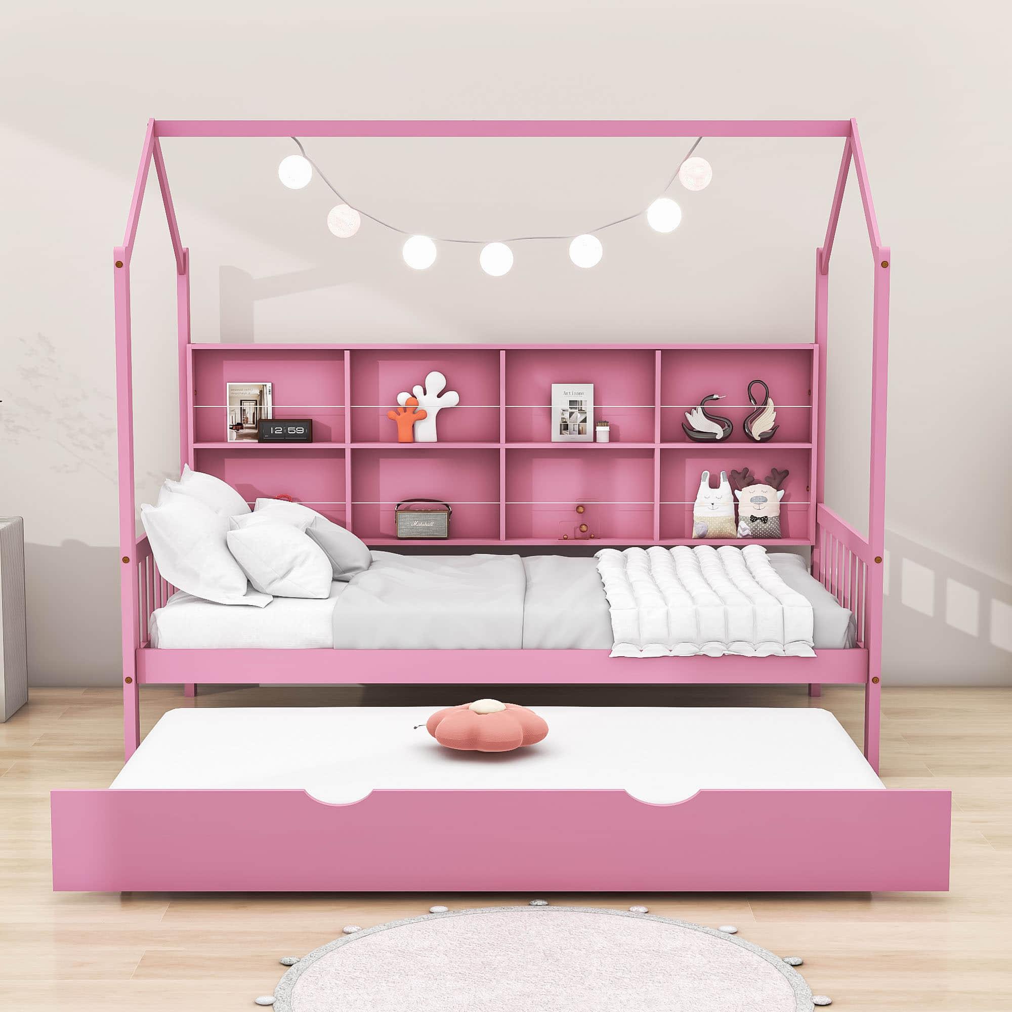 Twin Size Kids House Bed Frame with Twin Trundle and Shelf above Bed