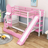 Girls Twin Over Twin Castle Bunk Bed with Slide and Stairs, Storage