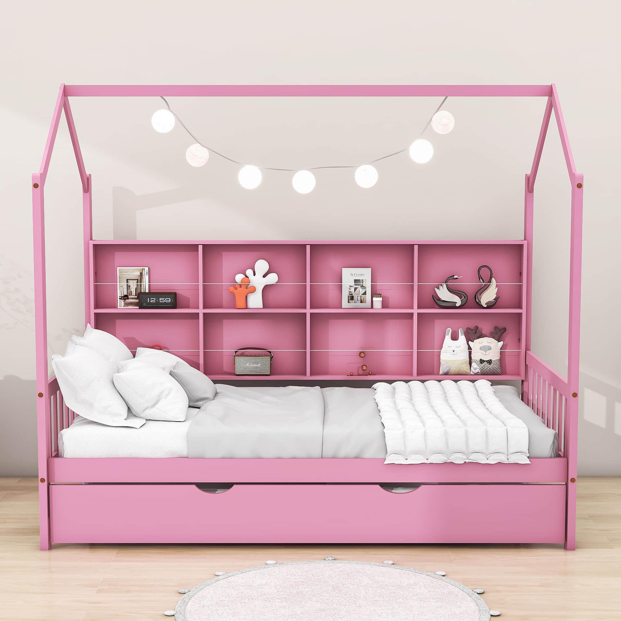 Twin Size Kids House Bed Frame with Twin Trundle and Shelf above Bed