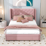 Queen Upholstered Bed Frame with Wingback Headboard and Storage