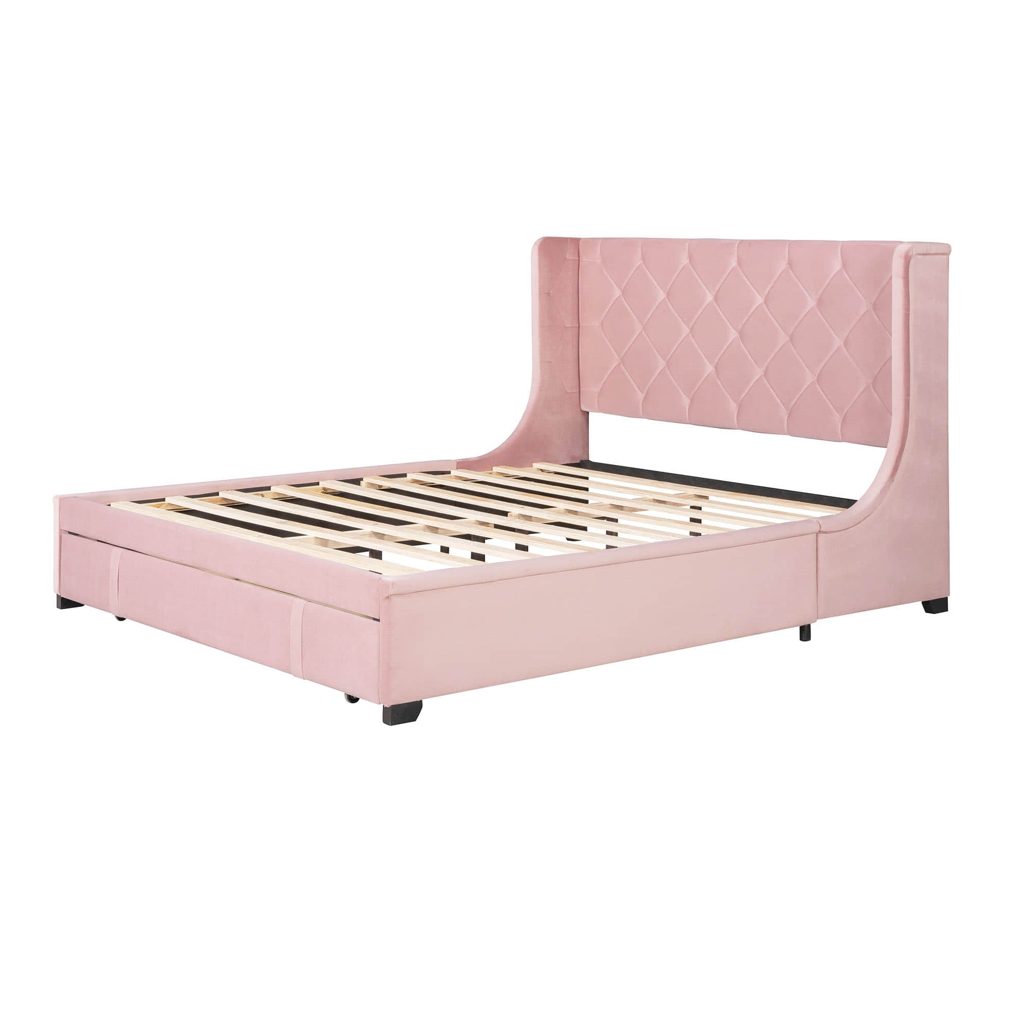 Queen Upholstered Bed Frame with Wingback Headboard and Storage