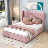 Queen Upholstered Bed Frame with Wingback Headboard and Storage