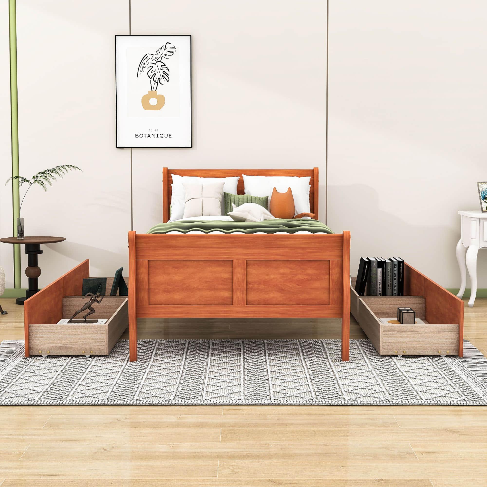 Wood Twin Sleigh Bed Frame with Headboard and Storage Drawers