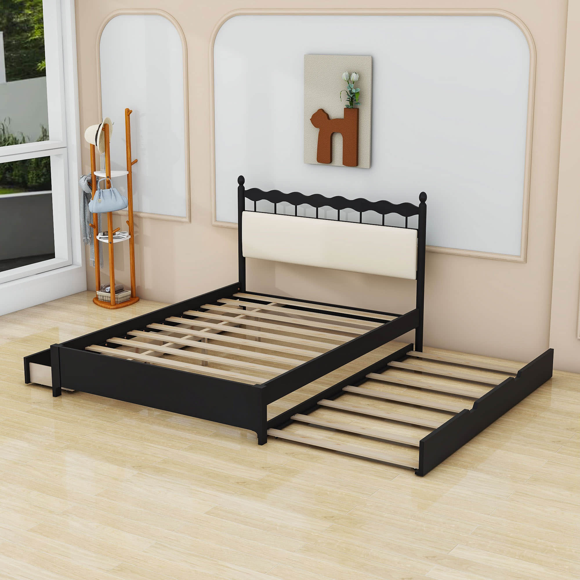 Wooden Queen Storage Bed with Headboard and Storage, Twin Trundle Bed