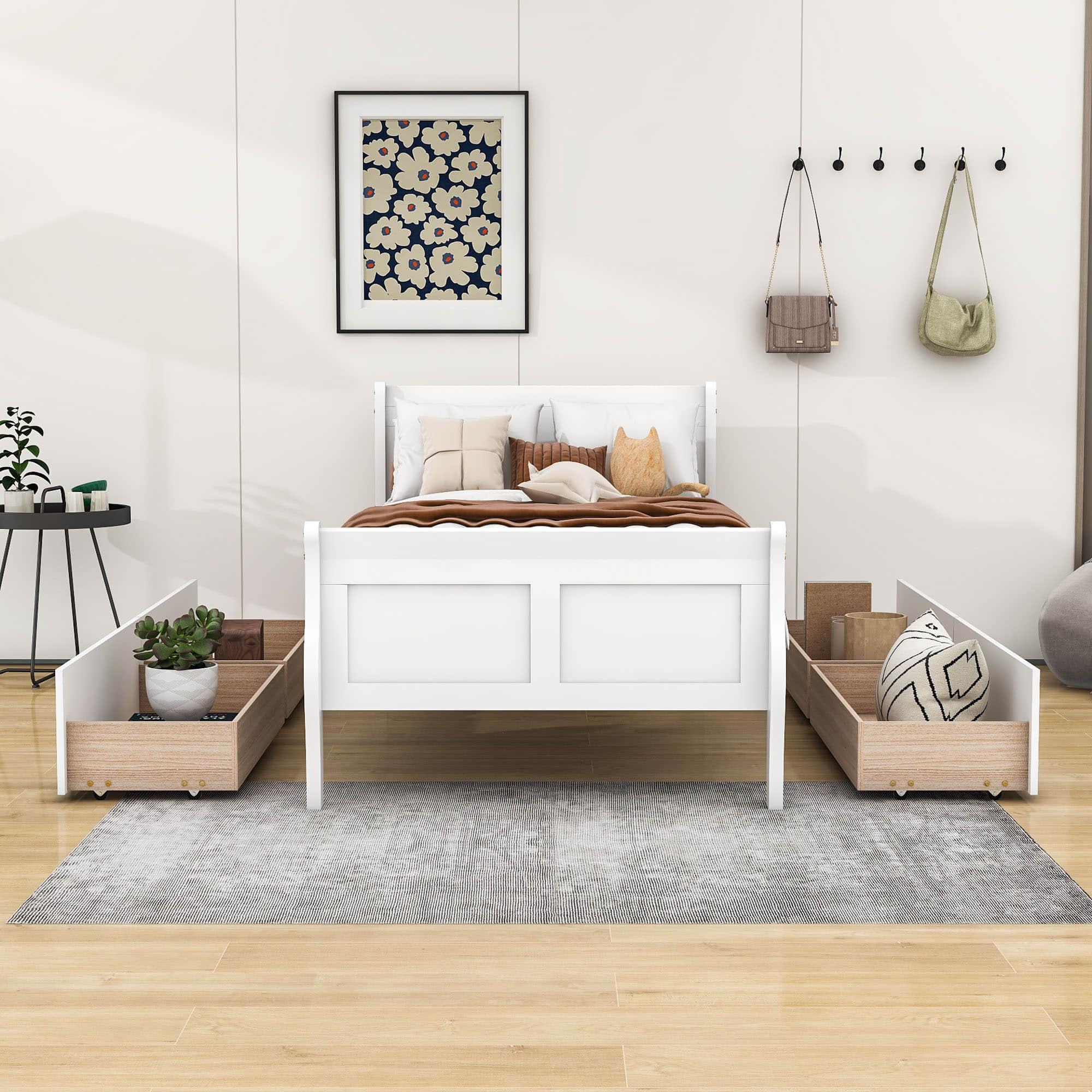 Wood Twin Sleigh Bed Frame with Headboard and Storage Drawers