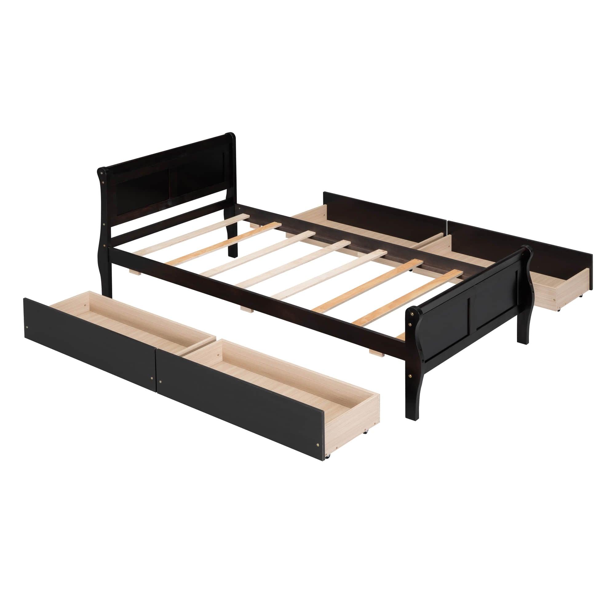 Wood Twin Sleigh Bed Frame with Headboard and Storage Drawers