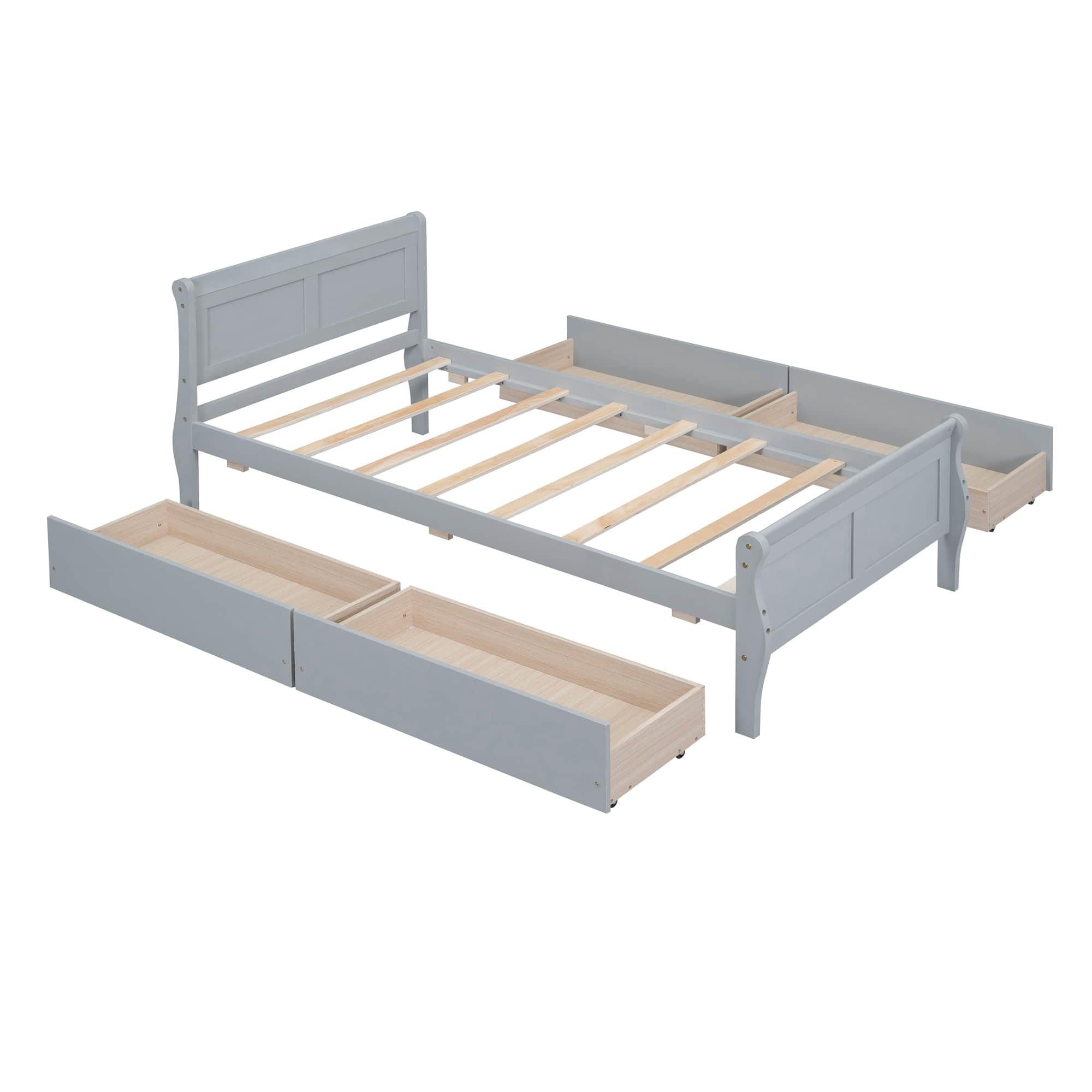 Wood Twin Sleigh Bed Frame with Headboard and Storage Drawers