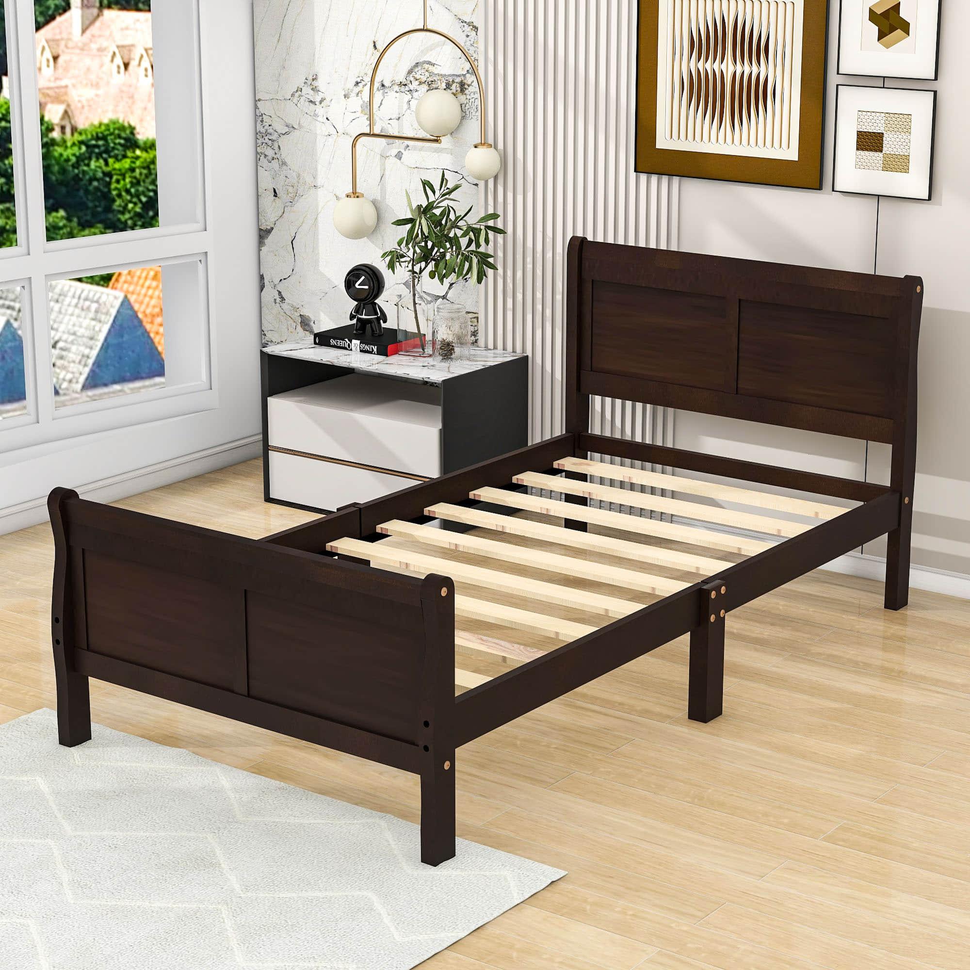 Wooden Twin Sleigh Bed Frame with Headboard and Footboard