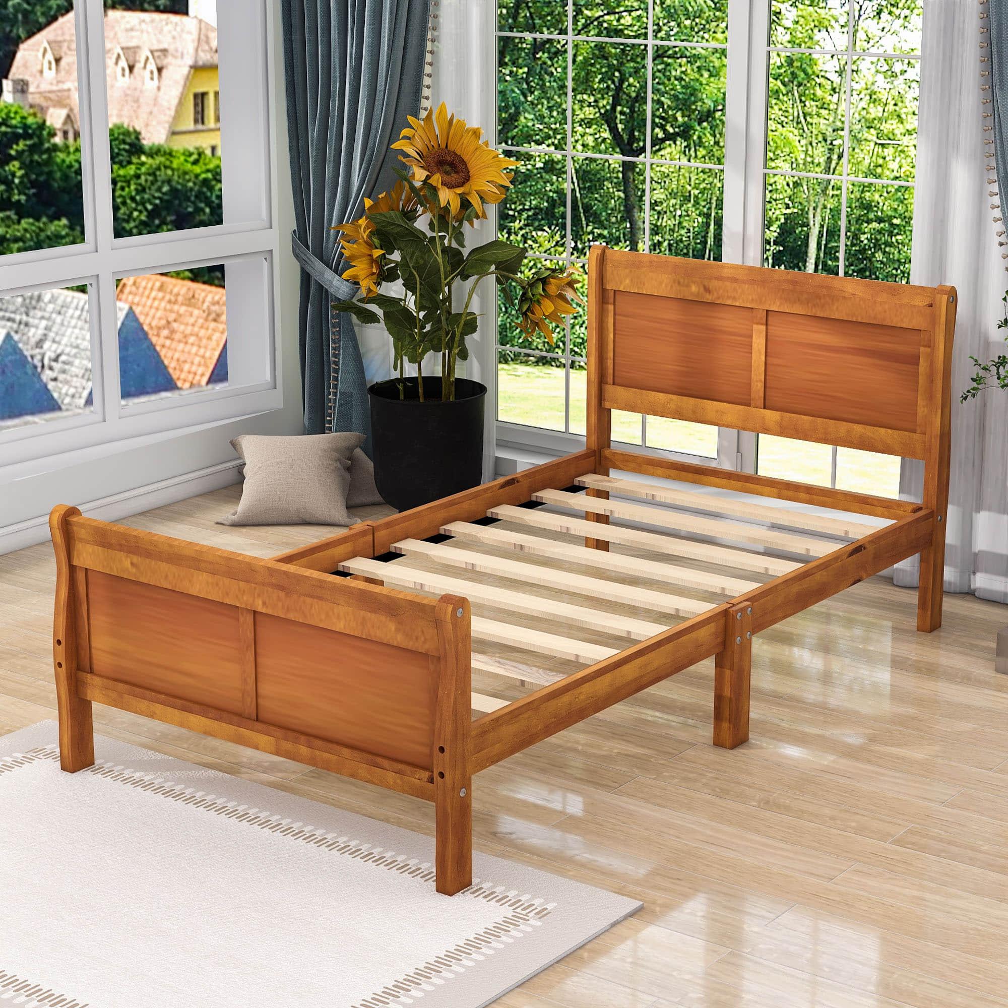 Wooden Twin Sleigh Bed Frame with Headboard and Footboard