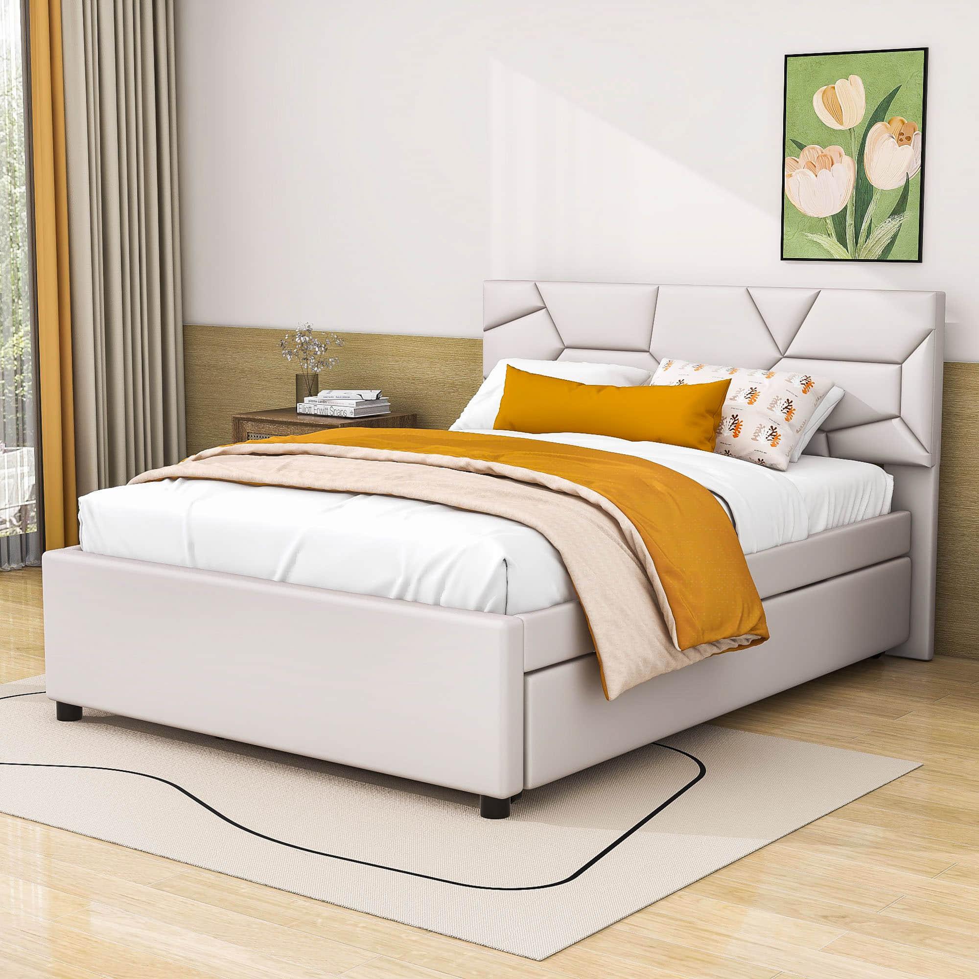 Full Size Upholstered Platform Bed with Trundle and Storage - [Drawers, Linen]