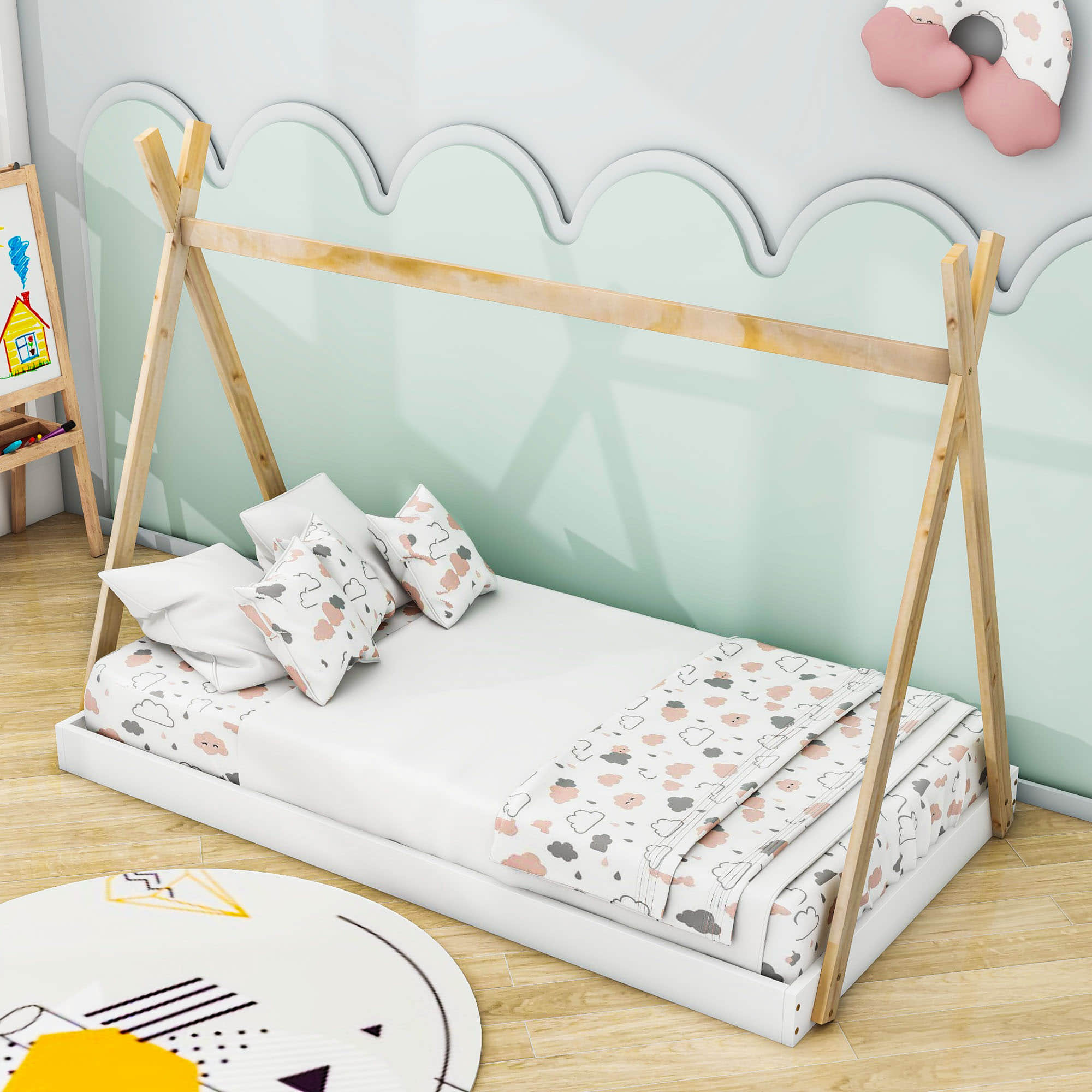 Kids Twin Tent Floor Bed for Toddler - [Montessori, Wooden, Teepee]