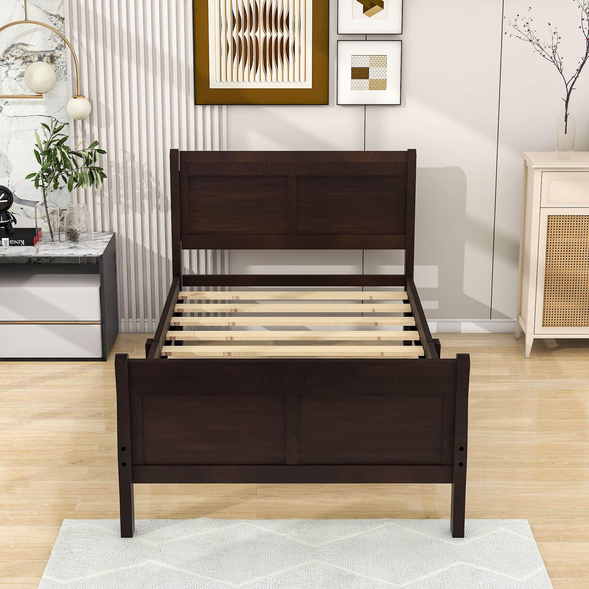 Wooden Twin Sleigh Bed Frame with Headboard and Footboard