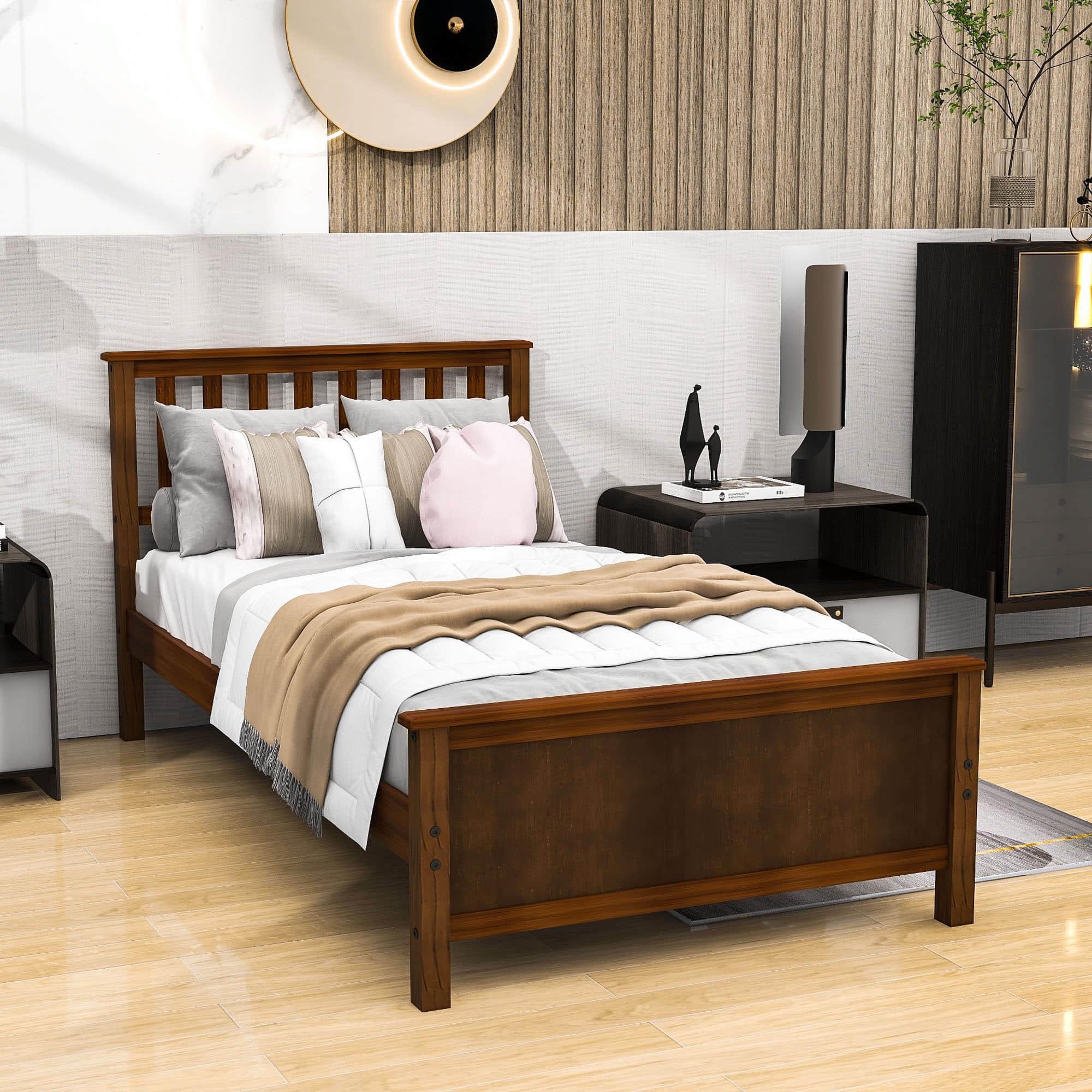 Wooden Twin Platform Bed with Headboard for Kids, Adult