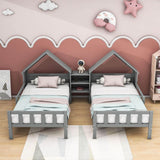 Double Twin Size Kids Platform Bed Frame with House-Shaped Headboard