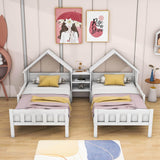 Double Twin Size Kids Platform Bed Frame with House-Shaped Headboard