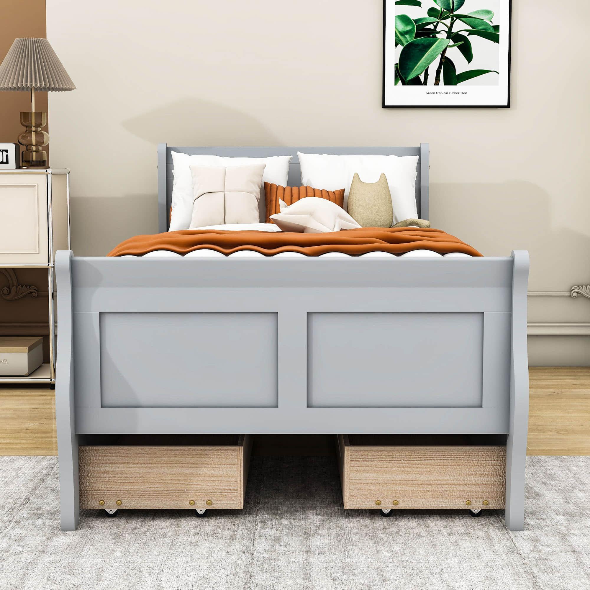 Wood Twin Sleigh Bed Frame with Headboard and Storage Drawers